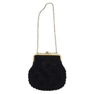 Vintage 1950s Mid Century Beaded Black Evening Bag Gold Chain Formal Purse Roses